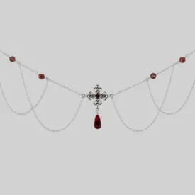 MUTINY. Fleur de Lis Multi-Drop Garnet Collar - Silver