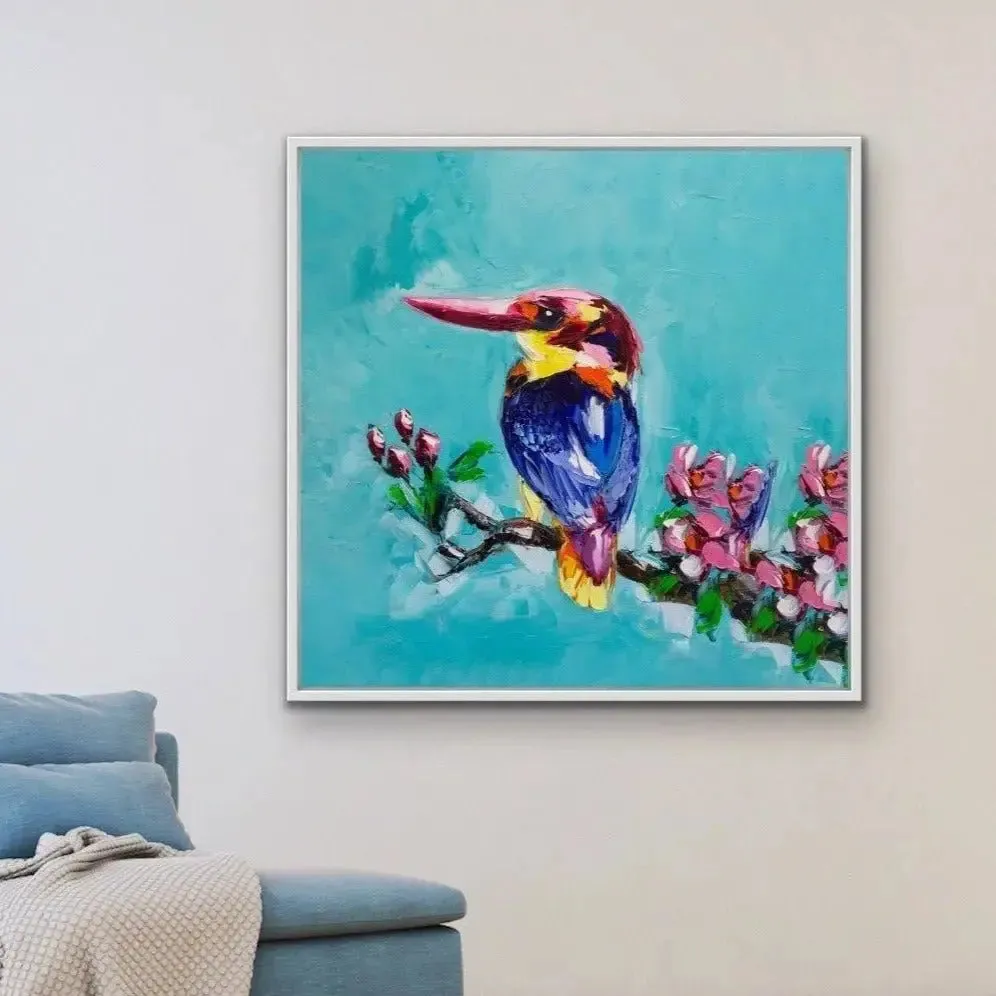 'Painted' Kingfisher - Blue Kingfisher Bird Painted Original Canvas Artwork Wall Art Print