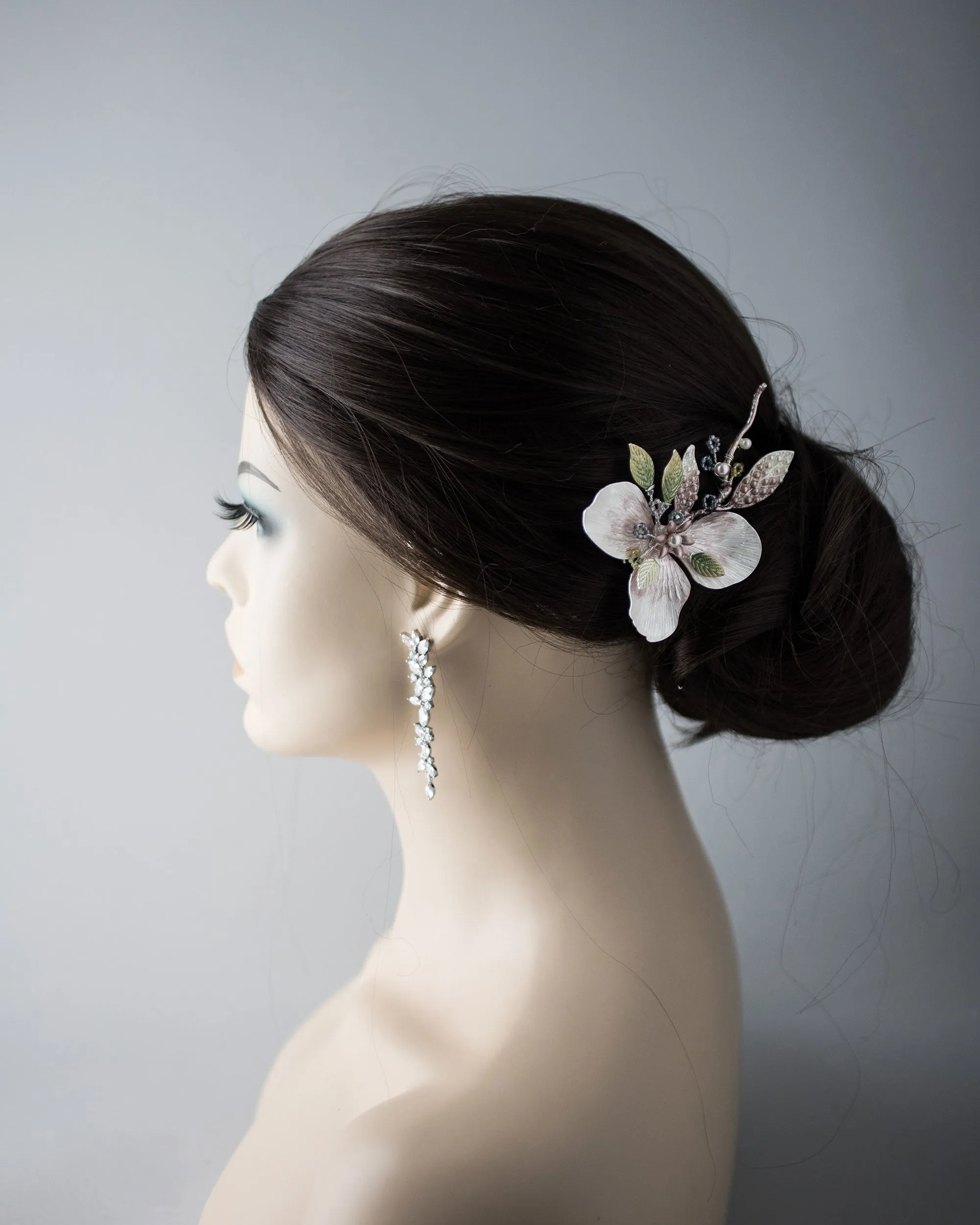 Pink and Green Floral Hair Clip with Pearls