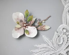 Pink and Green Floral Hair Clip with Pearls