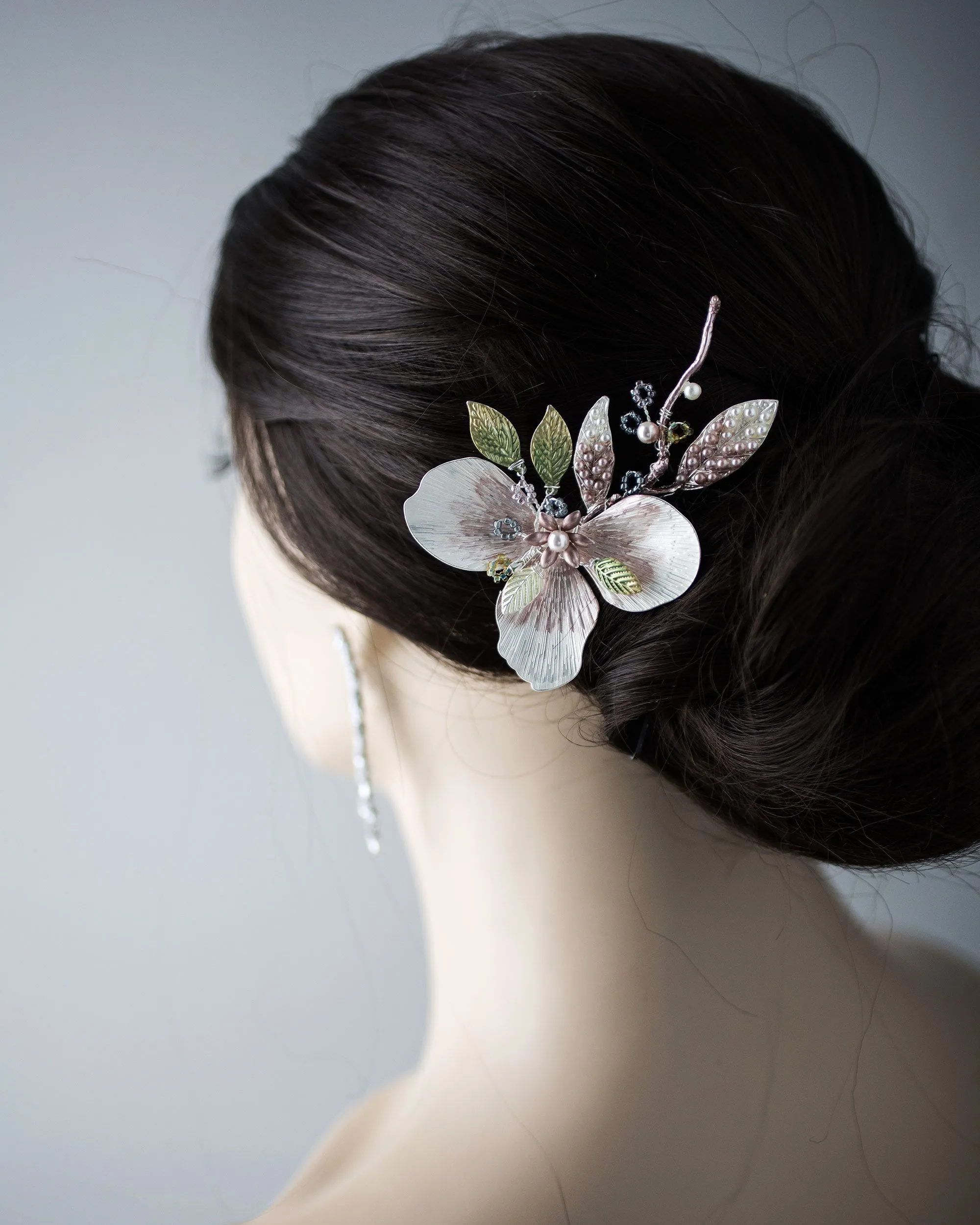 Pink and Green Floral Hair Clip with Pearls