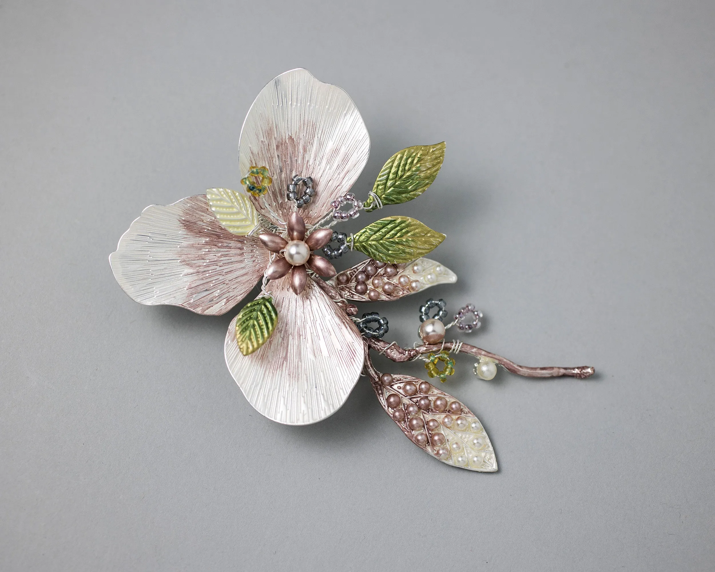 Pink and Green Floral Hair Clip with Pearls