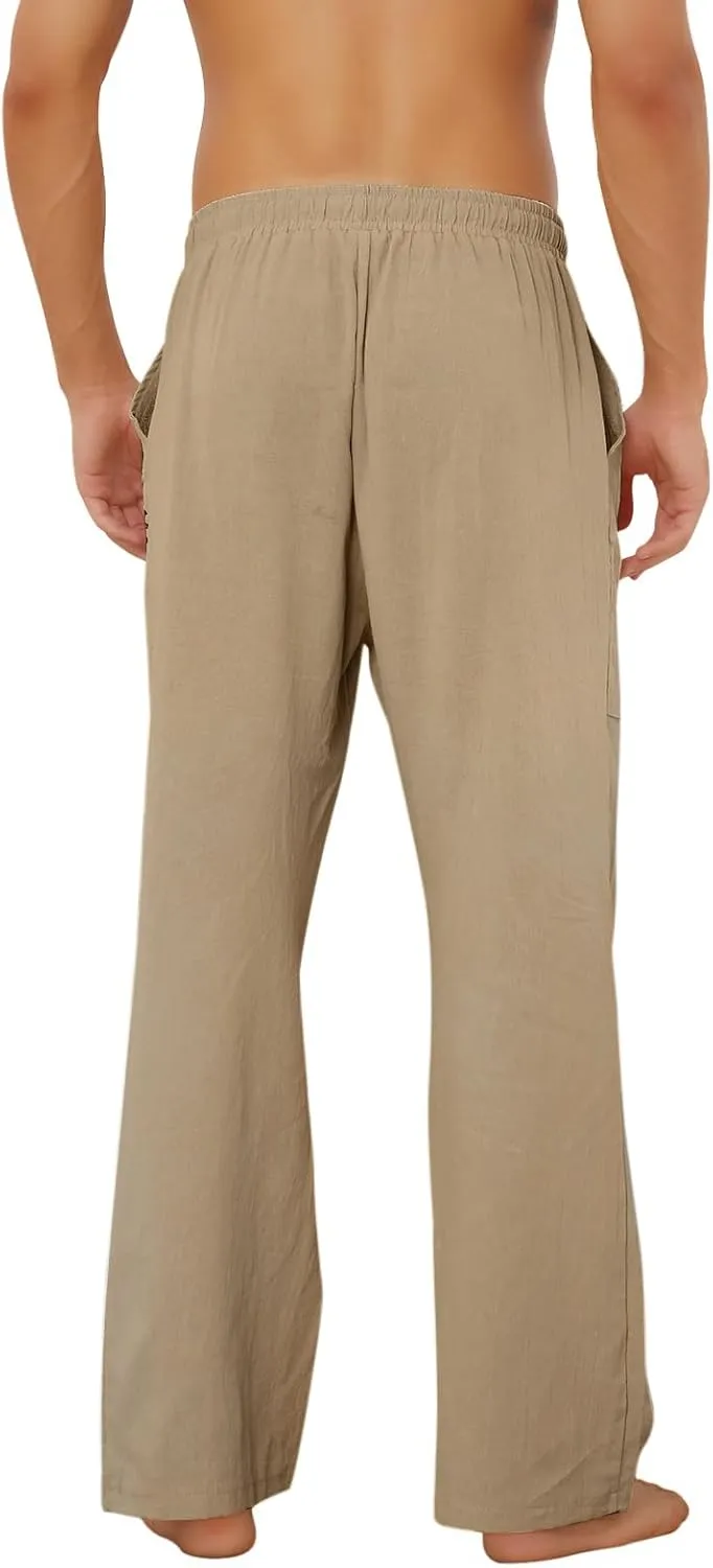 Puimentiua Cotton Linen Pants Men Casual Loose Fit Elastic Drawstring Waist Summer Beach Pants