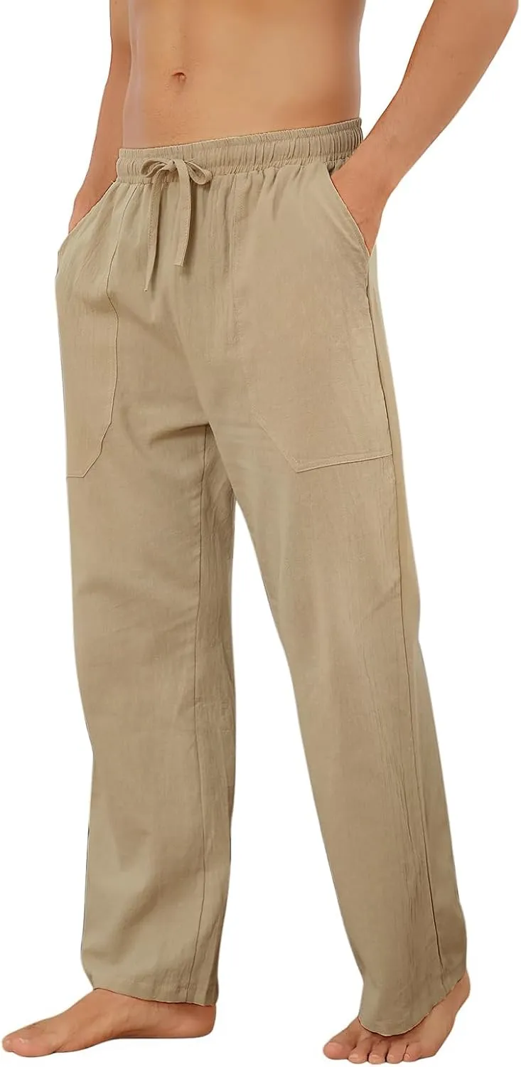 Puimentiua Cotton Linen Pants Men Casual Loose Fit Elastic Drawstring Waist Summer Beach Pants