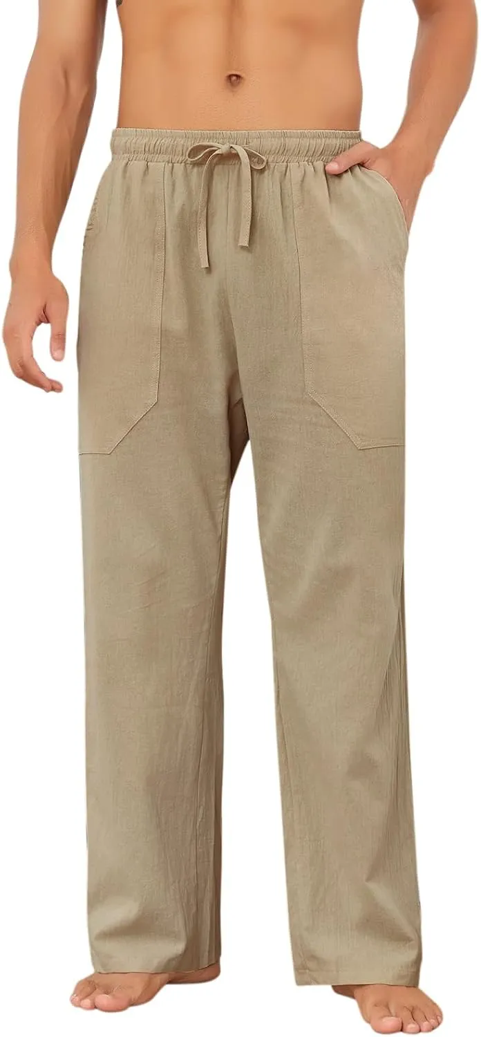 Puimentiua Cotton Linen Pants Men Casual Loose Fit Elastic Drawstring Waist Summer Beach Pants