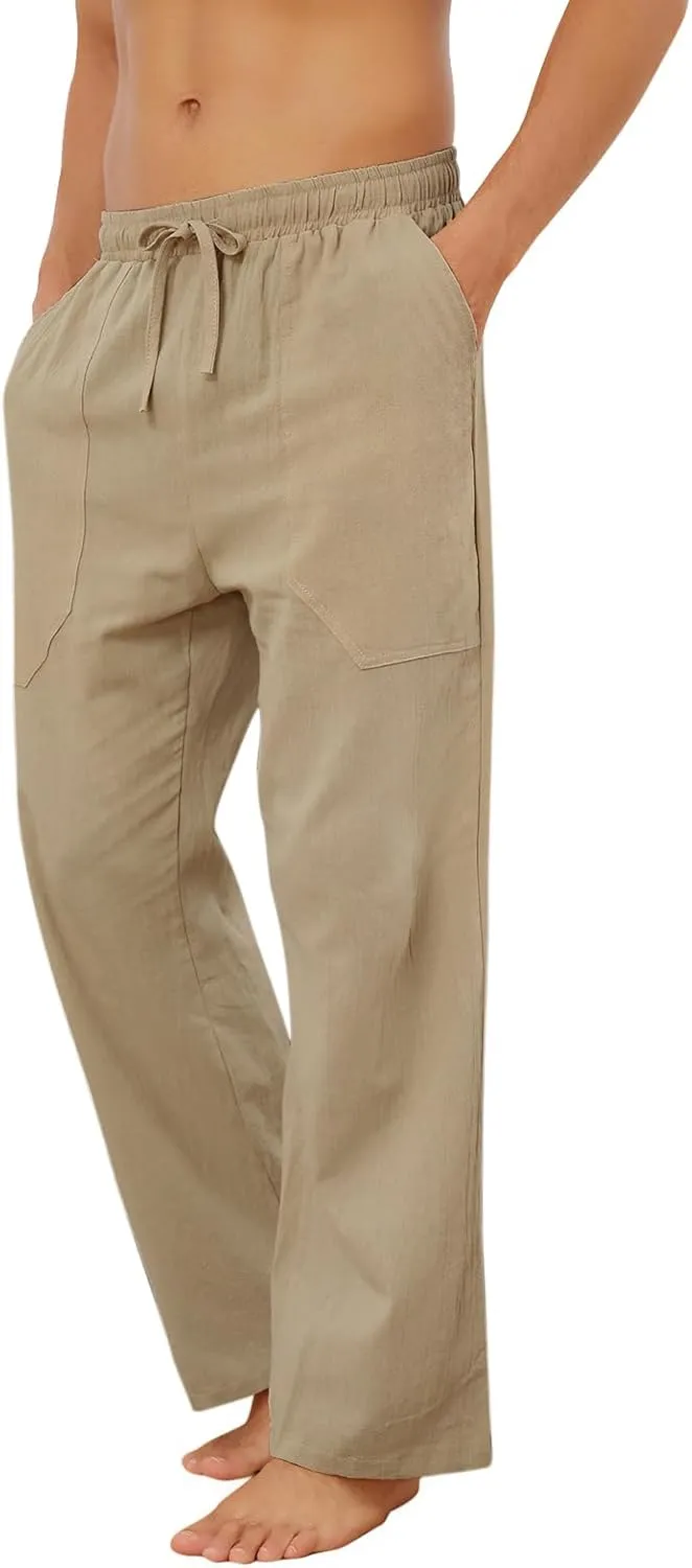 Puimentiua Cotton Linen Pants Men Casual Loose Fit Elastic Drawstring Waist Summer Beach Pants