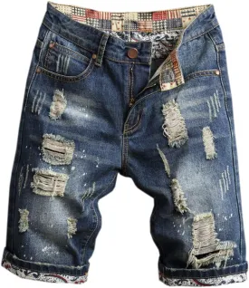 QZH.DUAO Men's Ripped Denim Shorts & Jeans Summer Casual Classic Straight Distressed Ripped Short Jeans