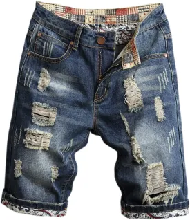 QZH.DUAO Men's Ripped Denim Shorts & Jeans Summer Casual Classic Straight Distressed Ripped Short Jeans