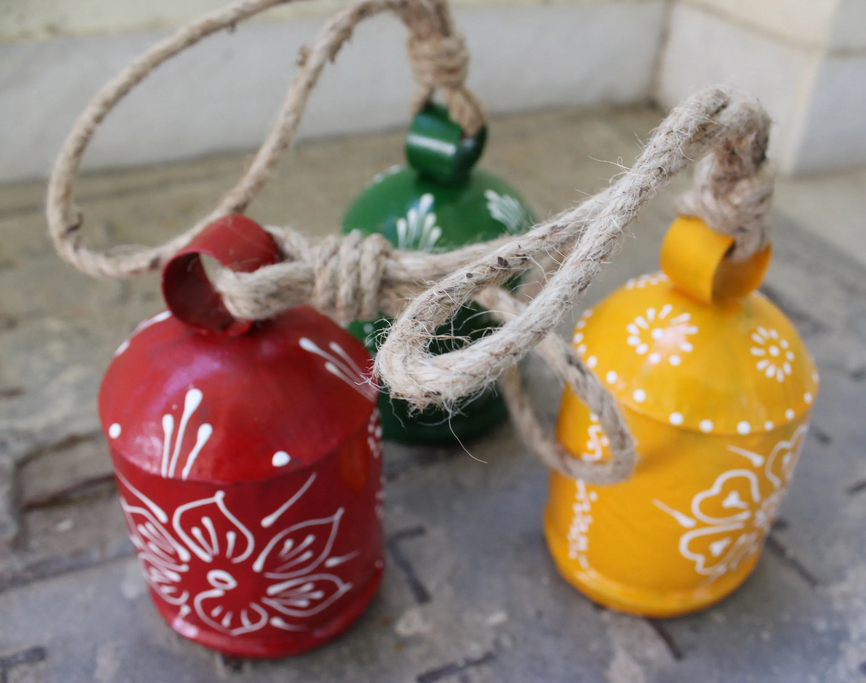 Recycled Iron Harmony Bells Cow Bells 6" Inches Height Hand Painted with Jute Rope