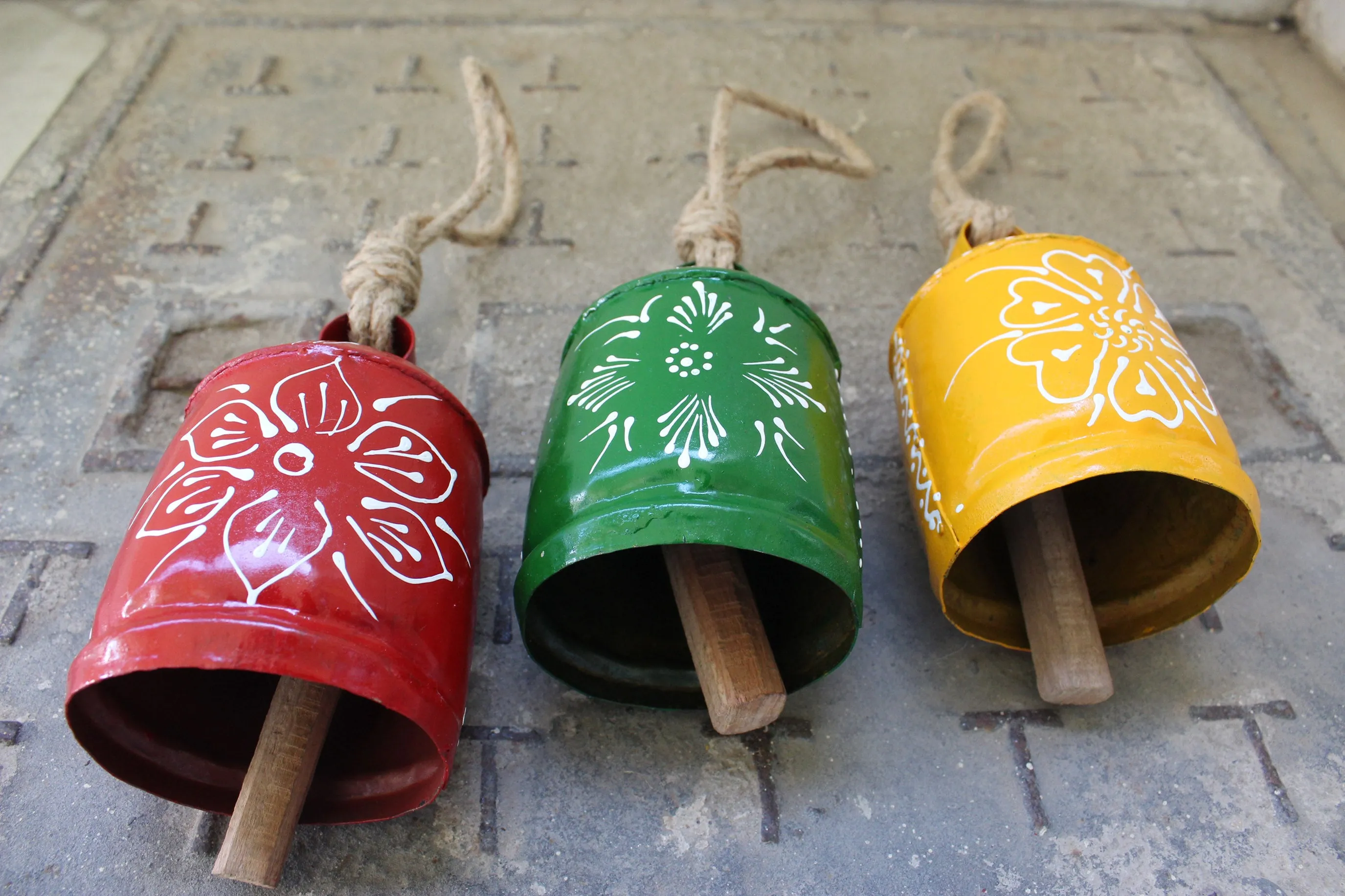 Recycled Iron Harmony Bells Cow Bells 6" Inches Height Hand Painted with Jute Rope