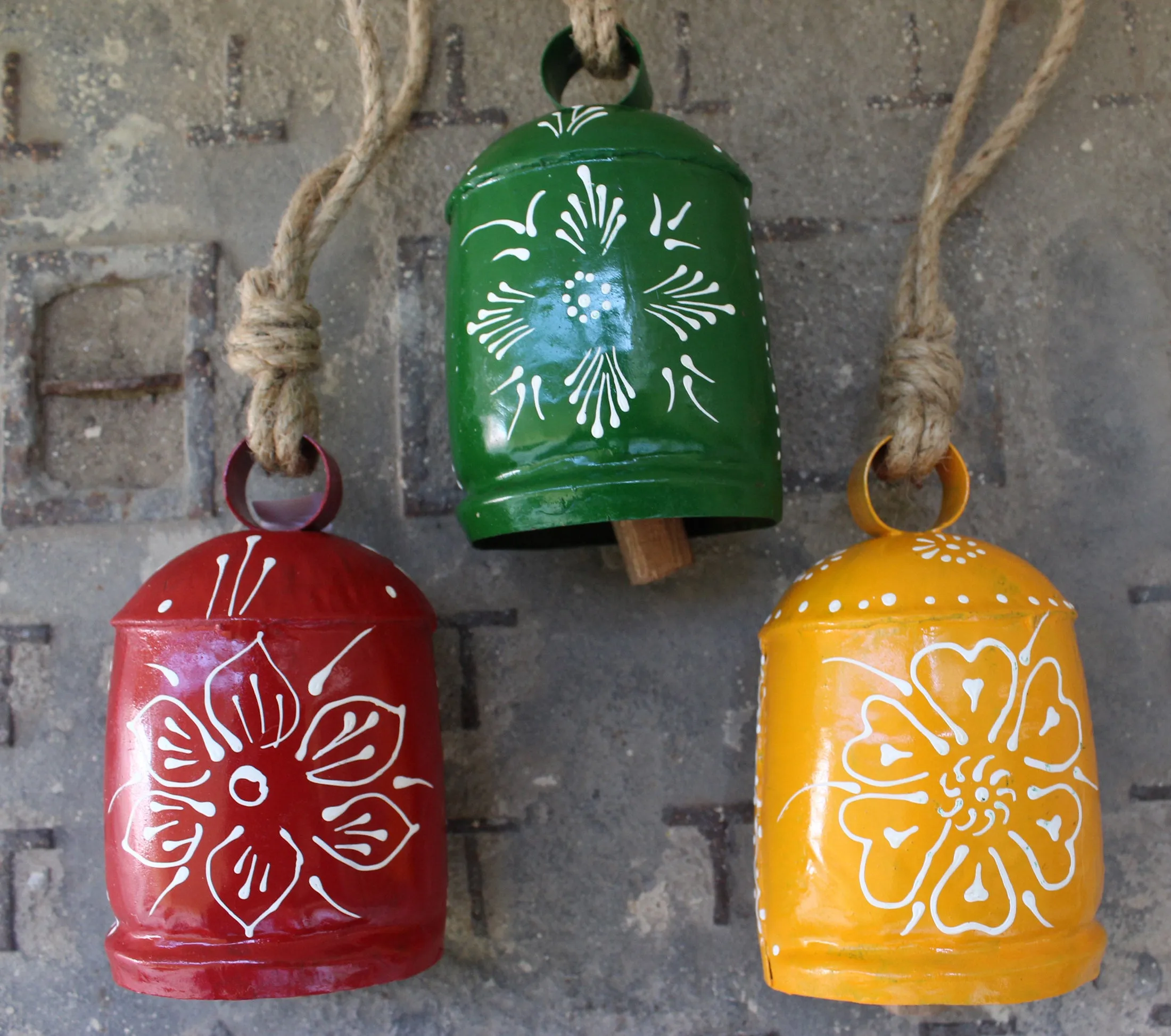 Recycled Iron Harmony Bells Cow Bells 6" Inches Height Hand Painted with Jute Rope