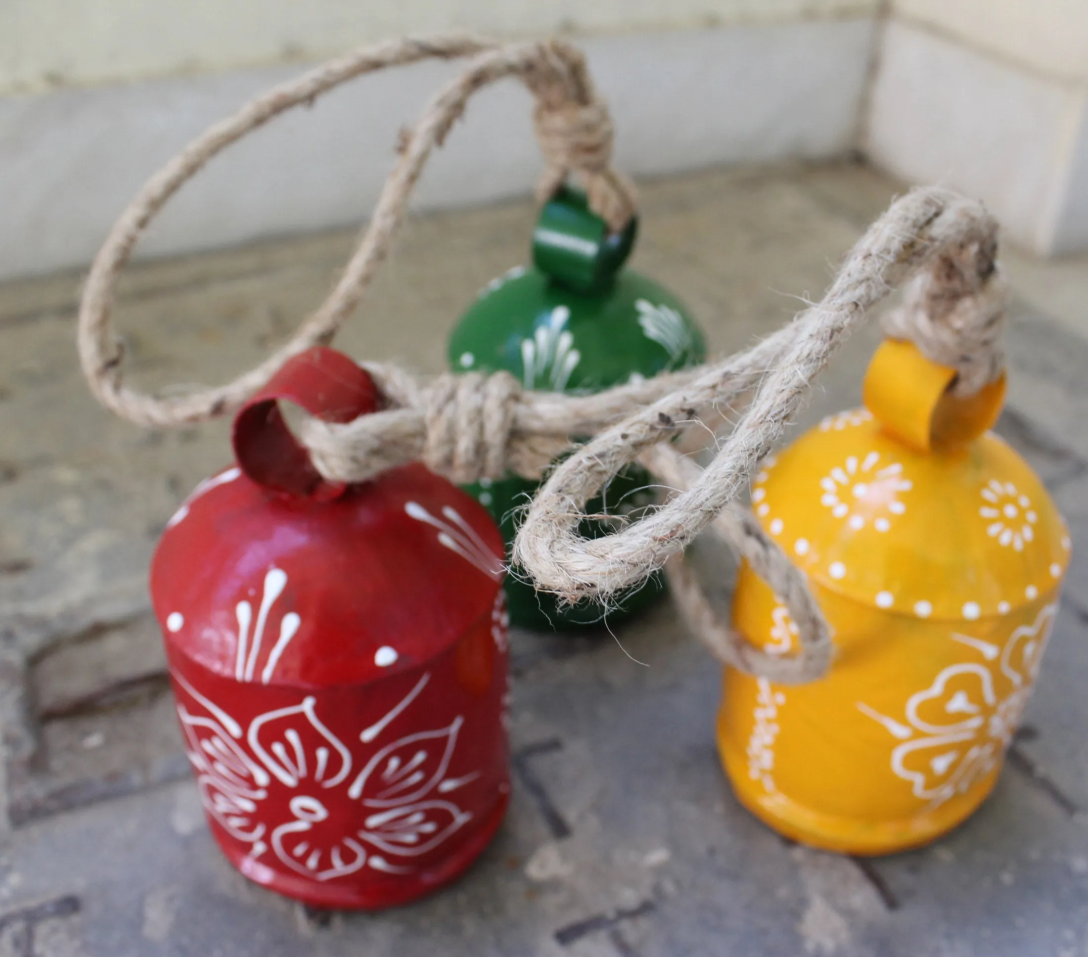 Recycled Iron Harmony Bells Cow Bells 6" Inches Height Hand Painted with Jute Rope
