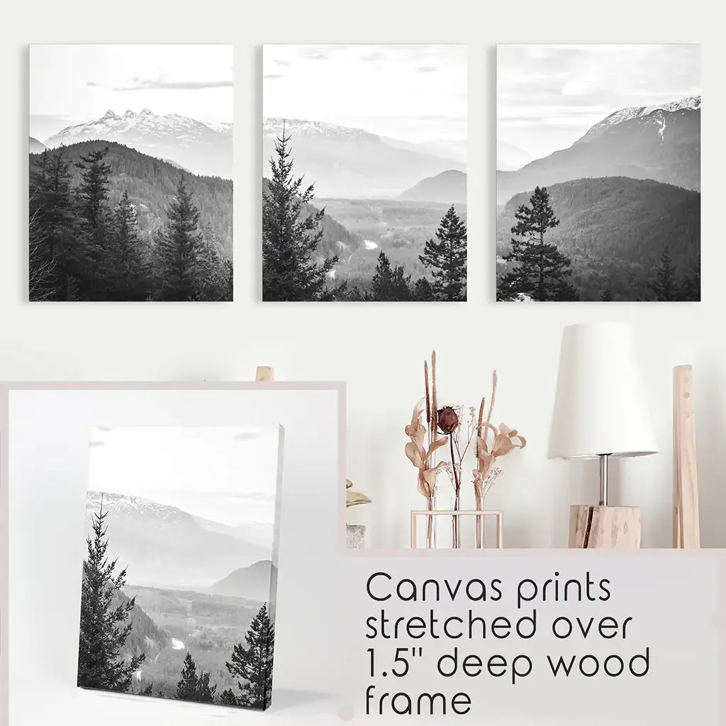 Set of 3 Black White Mountain Forest Prints. Scandi Wall Art