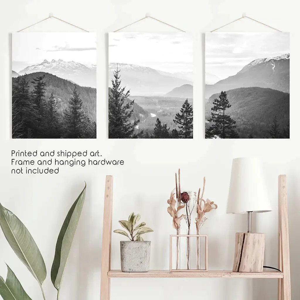 Set of 3 Black White Mountain Forest Prints. Scandi Wall Art