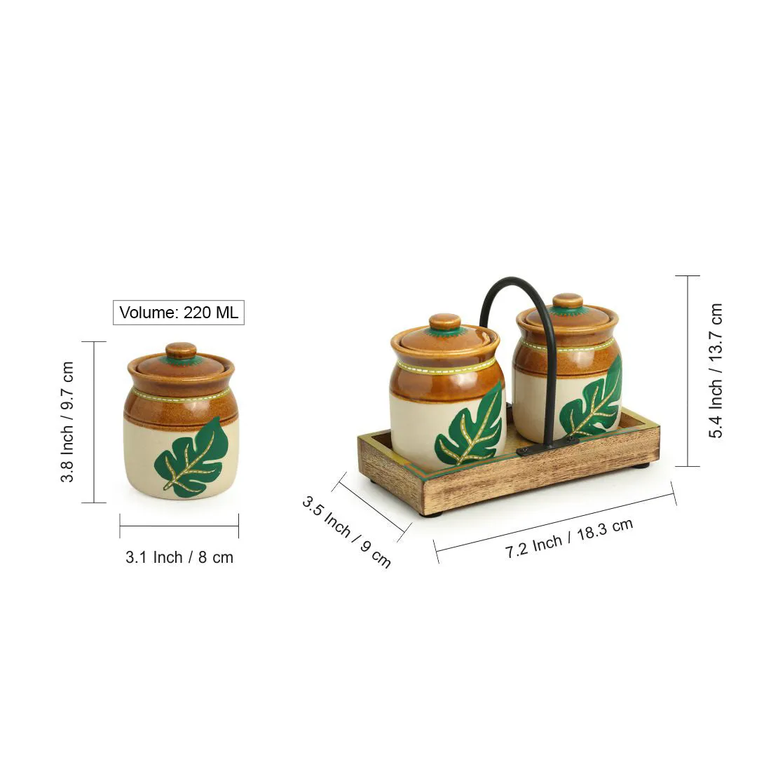 'Shades of a Leaf' Handpainted Ceramic Jars With Tray (Set of 2, 220 ml)
