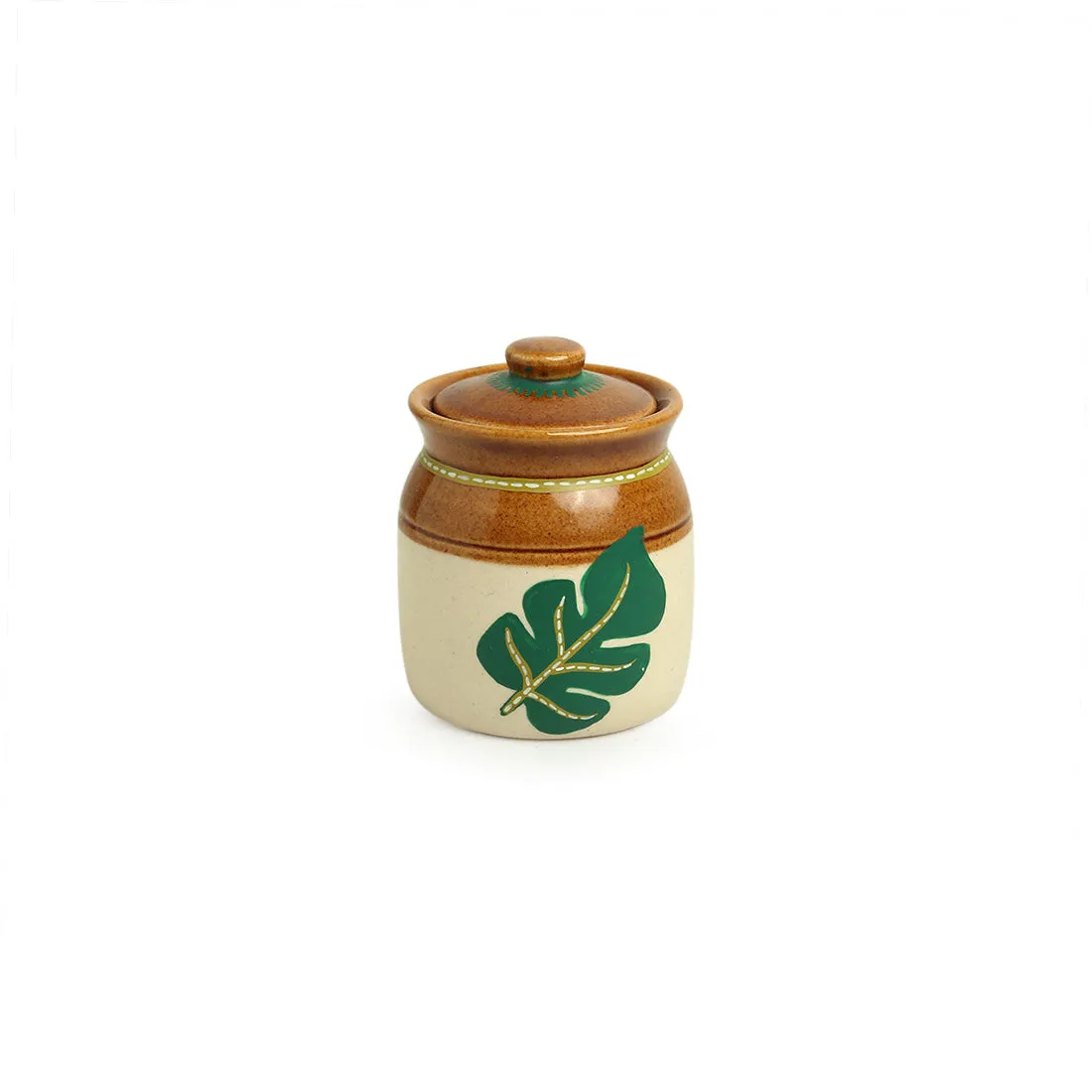 'Shades of a Leaf' Handpainted Ceramic Jars With Tray (Set of 2, 220 ml)