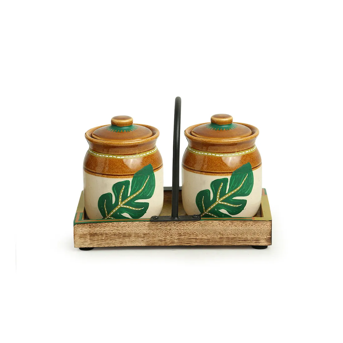'Shades of a Leaf' Handpainted Ceramic Jars With Tray (Set of 2, 220 ml)