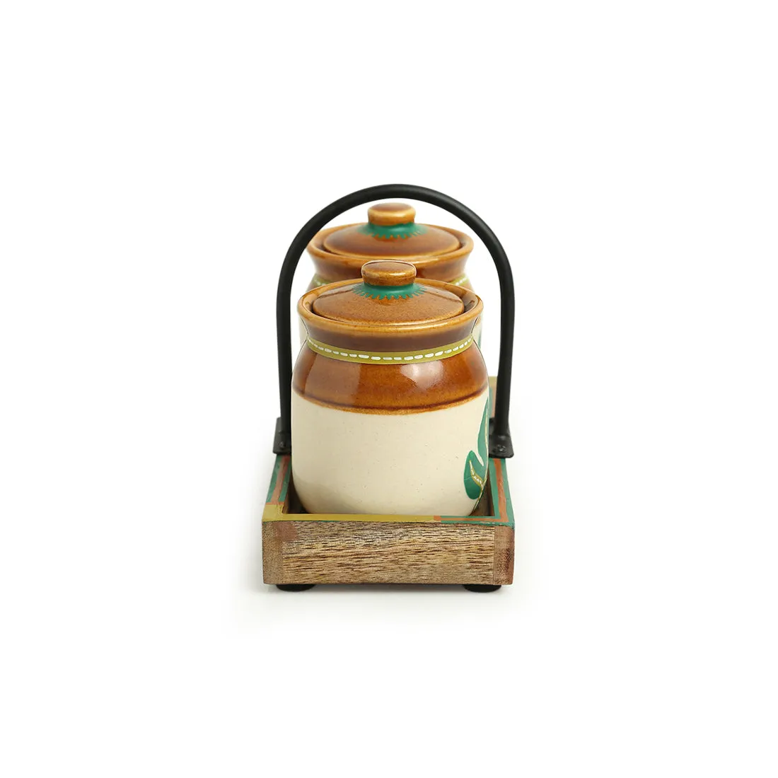 'Shades of a Leaf' Handpainted Ceramic Jars With Tray (Set of 2, 220 ml)