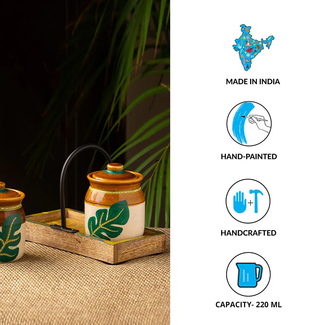 'Shades of a Leaf' Handpainted Ceramic Jars With Tray (Set of 2, 220 ml)