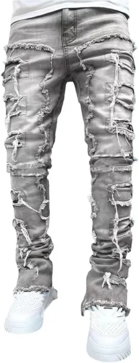Stacked Jeans Men Skinny Ripped Jeans Slim Fit Denim Pants Y2K Goth Harajuku Emo Jeans Trouser