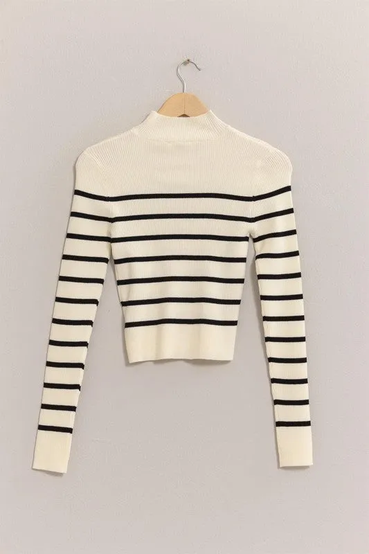 Striped Cropped Mock Neck Sweater