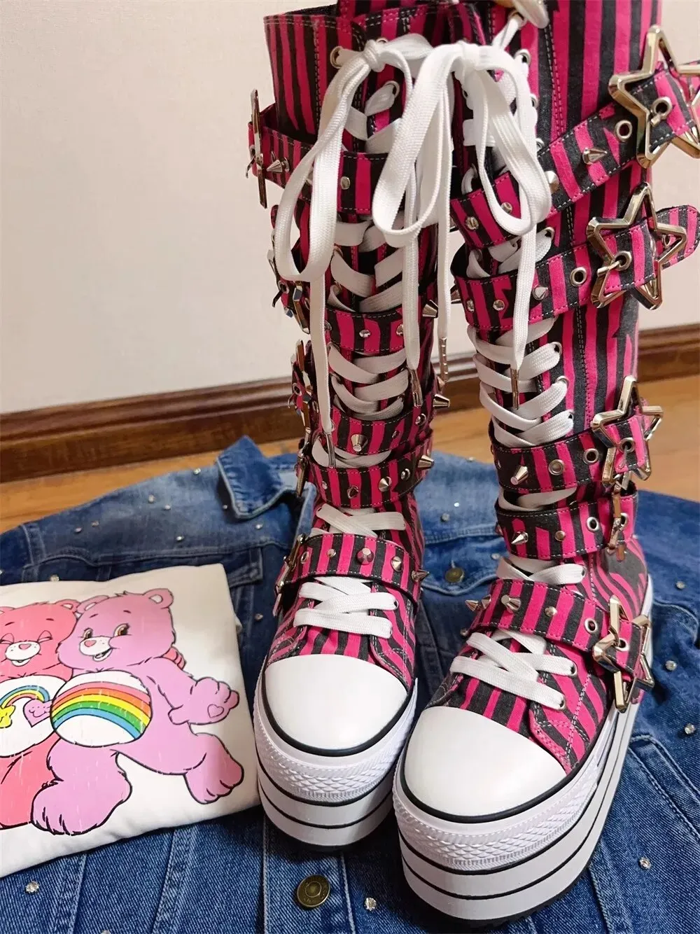 VCshoes Women Wasteland Punk Long Boots Woman High Wedges Heels Pumps Lady Dress Party Shoes Round Toe Canvas Shoes Striped Pentagram