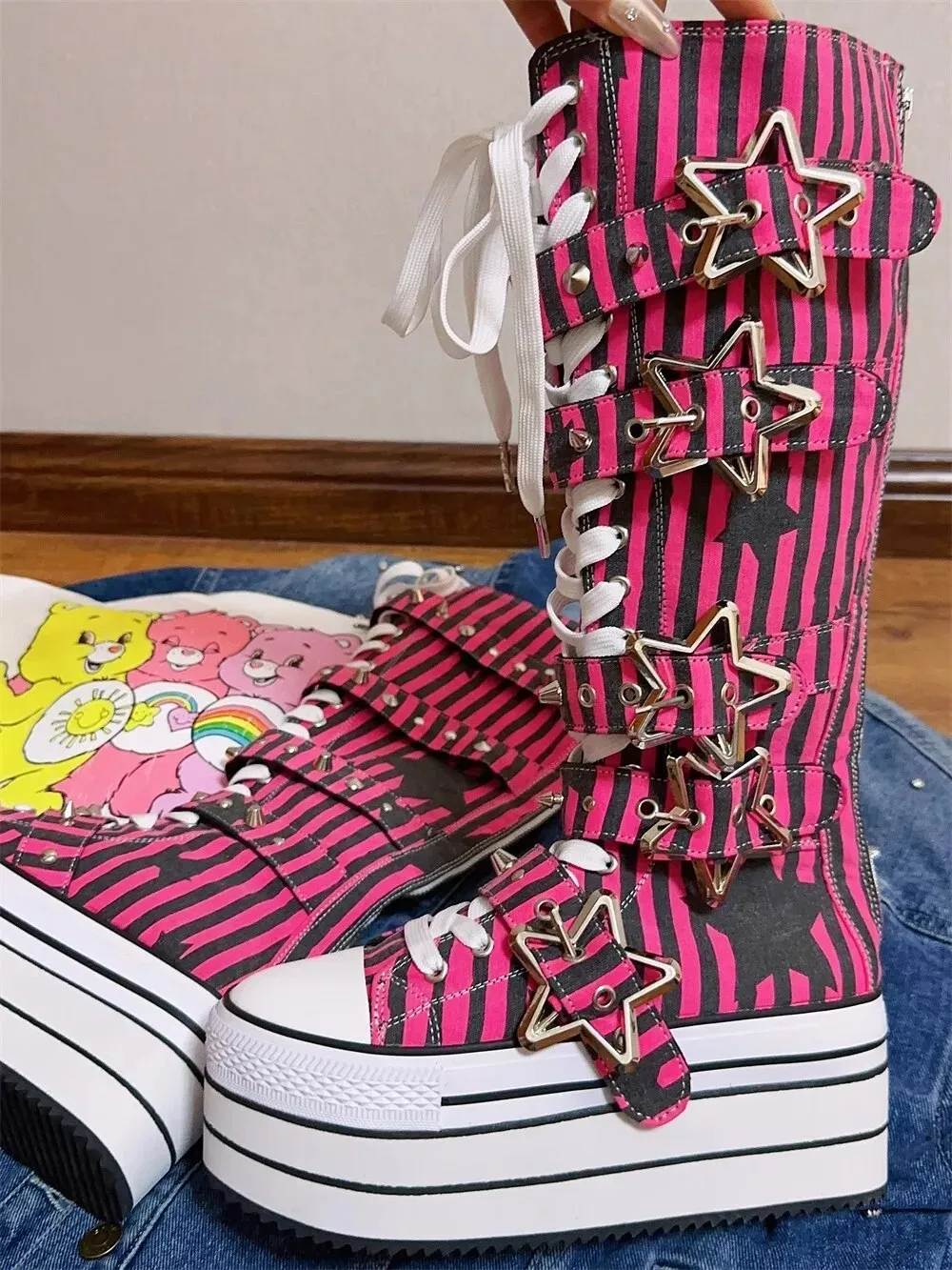 VCshoes Women Wasteland Punk Long Boots Woman High Wedges Heels Pumps Lady Dress Party Shoes Round Toe Canvas Shoes Striped Pentagram