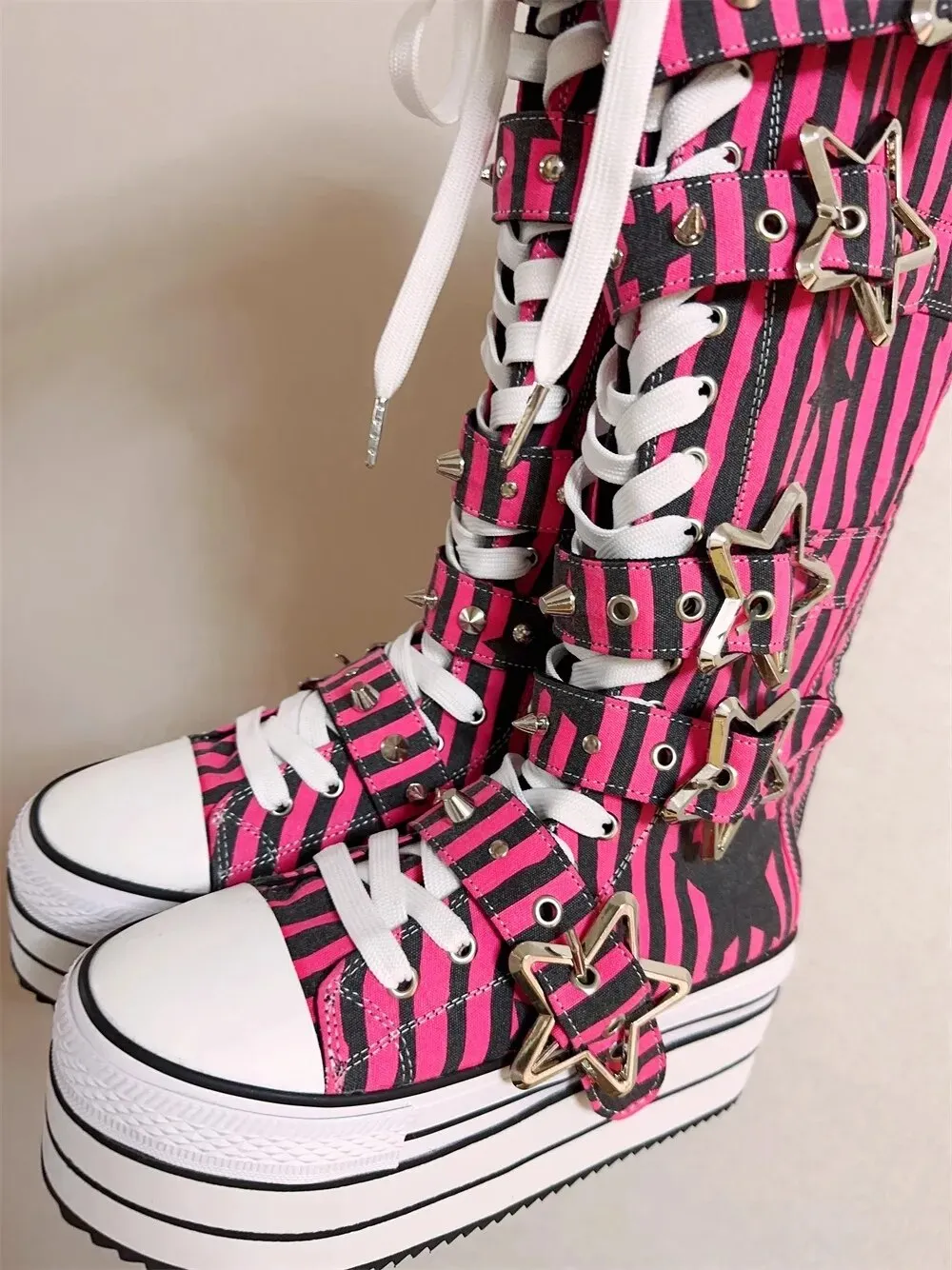 VCshoes Women Wasteland Punk Long Boots Woman High Wedges Heels Pumps Lady Dress Party Shoes Round Toe Canvas Shoes Striped Pentagram
