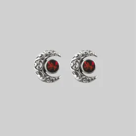 WISDOM. Silver Moon Crescent Earrings - Garnet