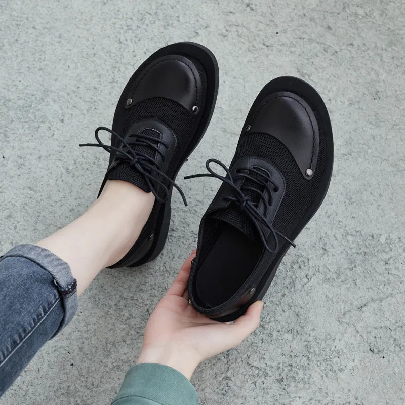Women Leather Canvas Patchwork Flat Casual Shoes