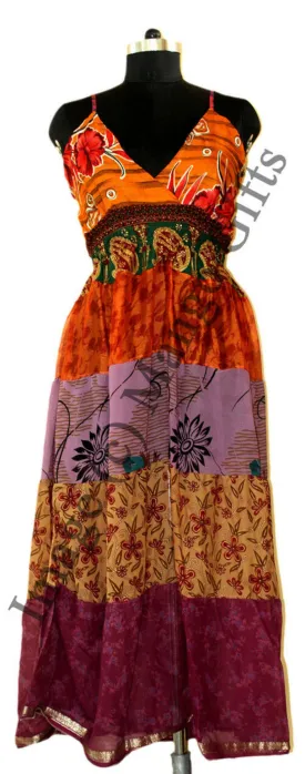 Women Recycle Silk Sari Boho Long Maxi Dress Hippie Clothes Beach Wear