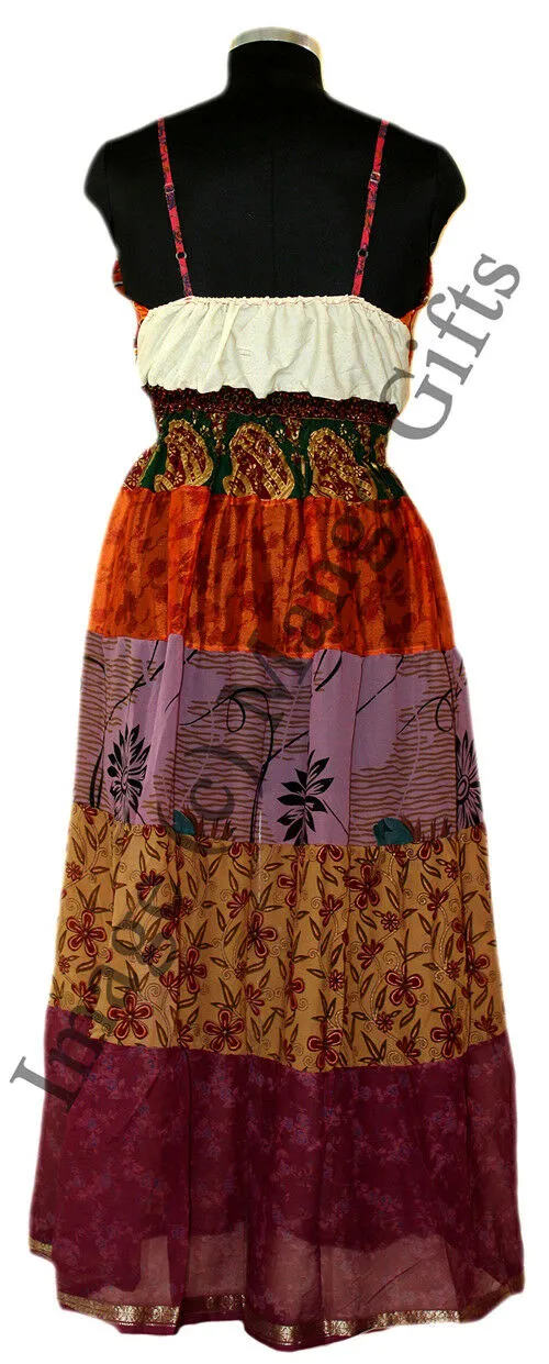 Women Recycle Silk Sari Boho Long Maxi Dress Hippie Clothes Beach Wear