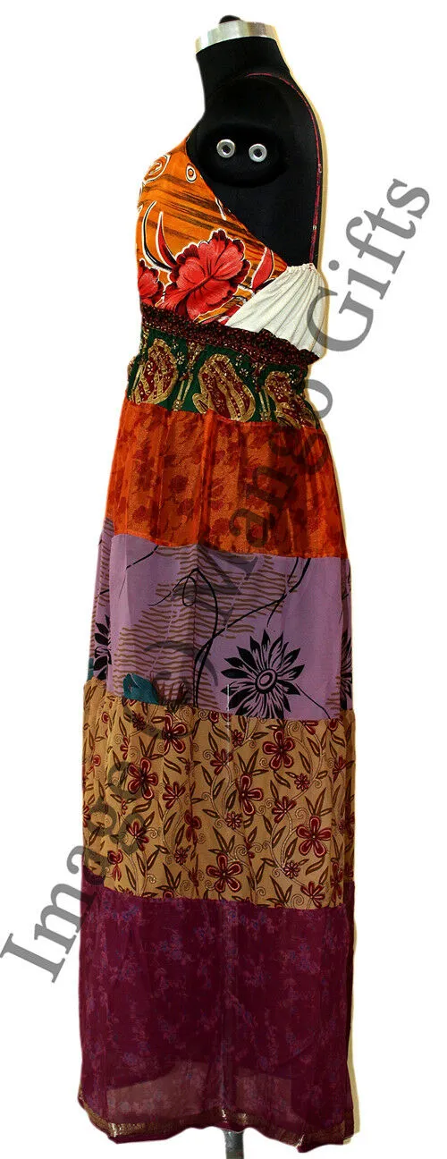 Women Recycle Silk Sari Boho Long Maxi Dress Hippie Clothes Beach Wear