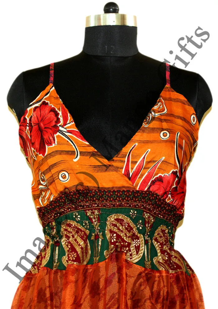 Women Recycle Silk Sari Boho Long Maxi Dress Hippie Clothes Beach Wear