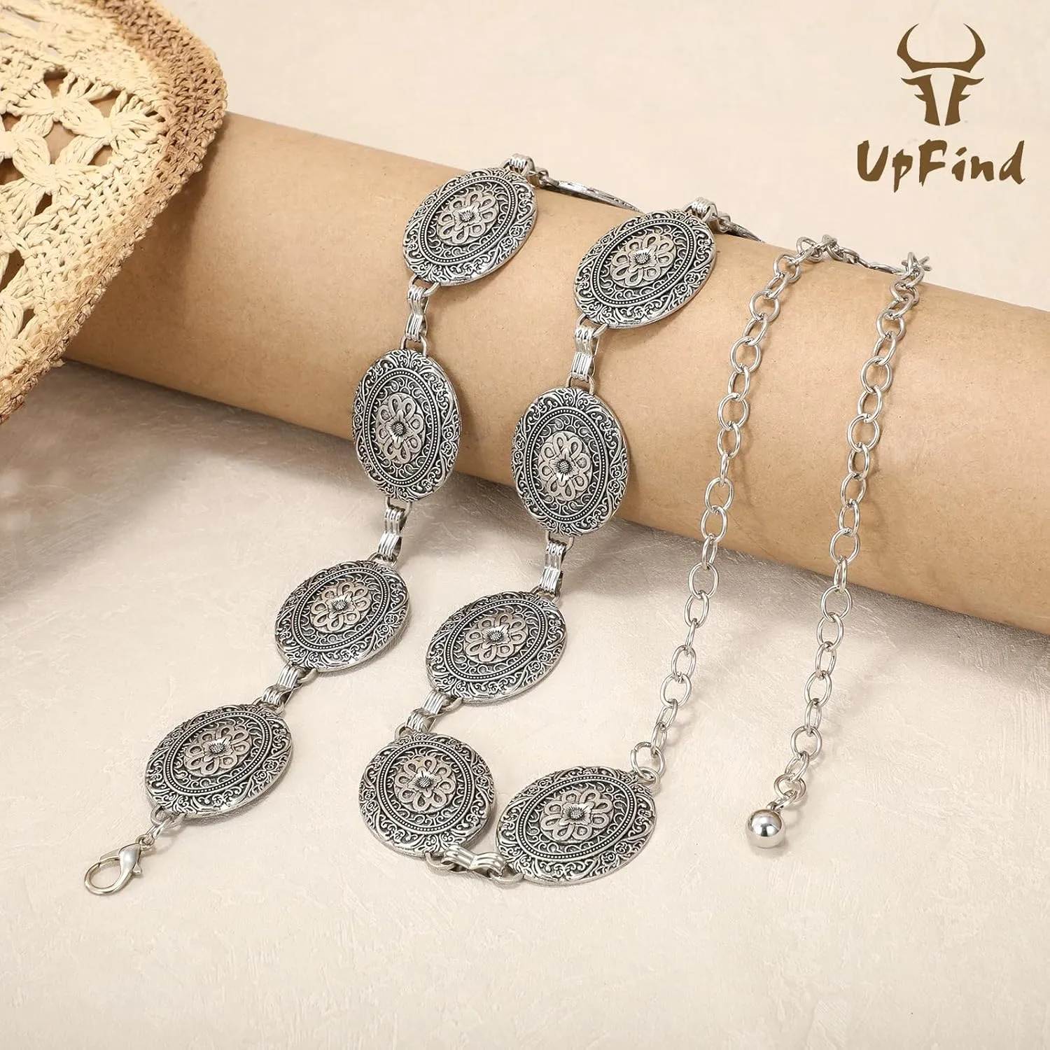 Women Western Metal Chain Belt Concho Belt Cowgirl Waist Link for Jeans Dresses Concert Boho