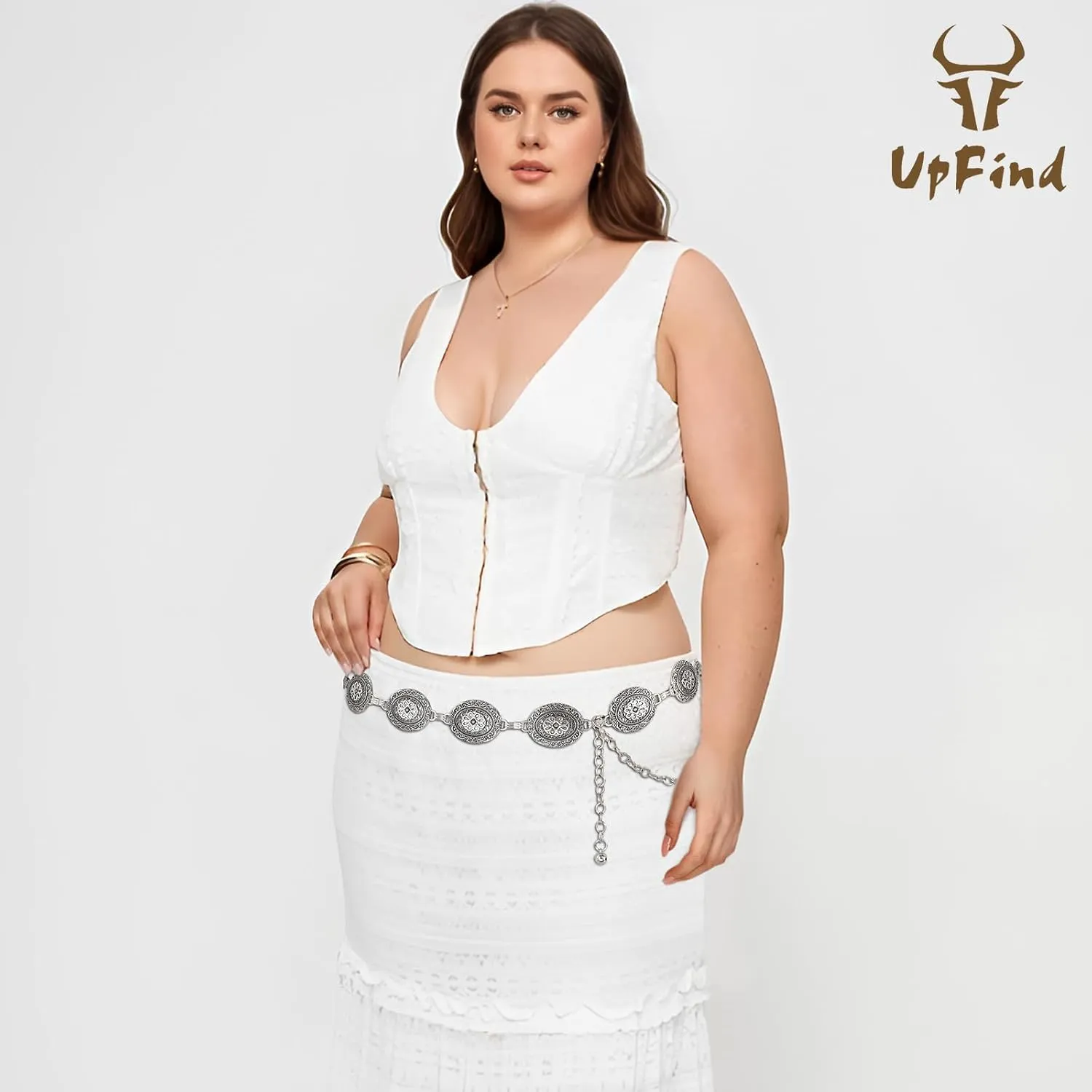 Women Western Metal Chain Belt Concho Belt Cowgirl Waist Link for Jeans Dresses Concert Boho